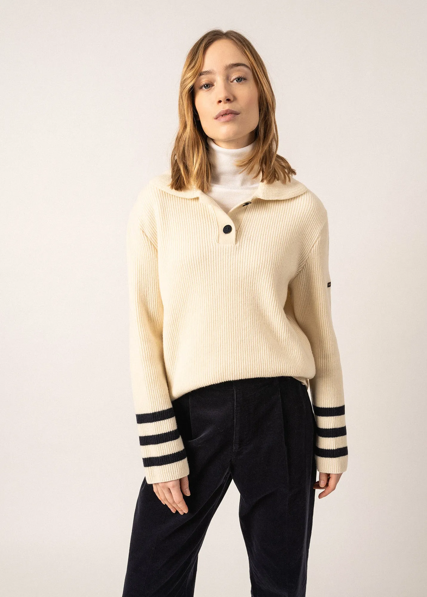 Vanoise Sailor-inspired High Neck Jumper - in wool, with striped details (ECUME/NAVY)