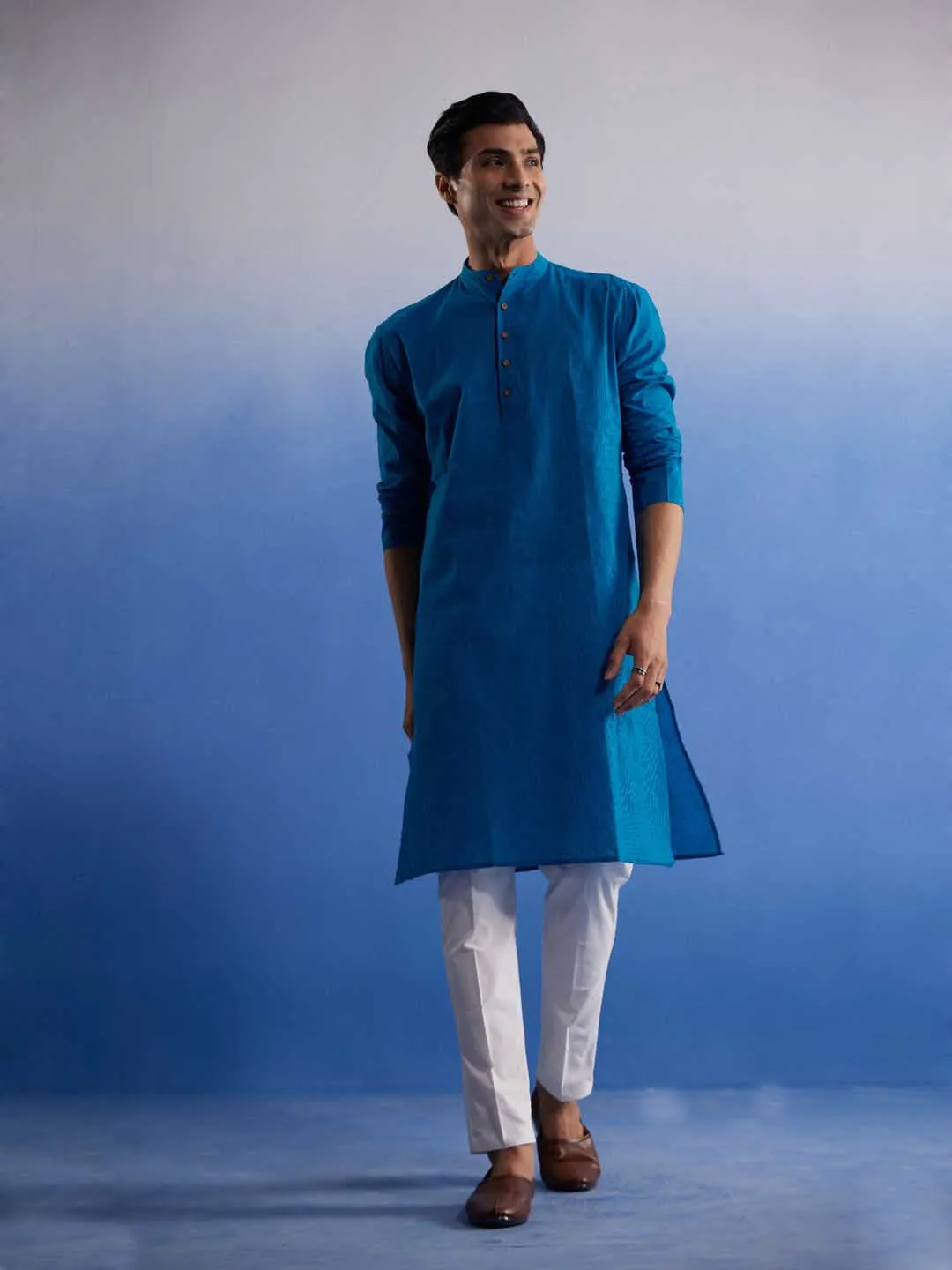 VASTRAMAY Aqua Blue Cotton Kurta Pyjama