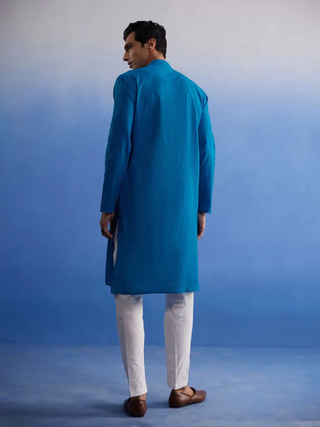 VASTRAMAY Aqua Blue Cotton Kurta Pyjama