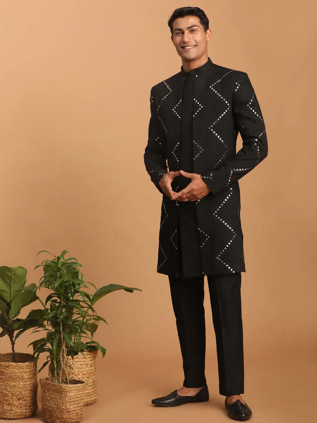 Vastramay Black Mirror Sherwani With Pant