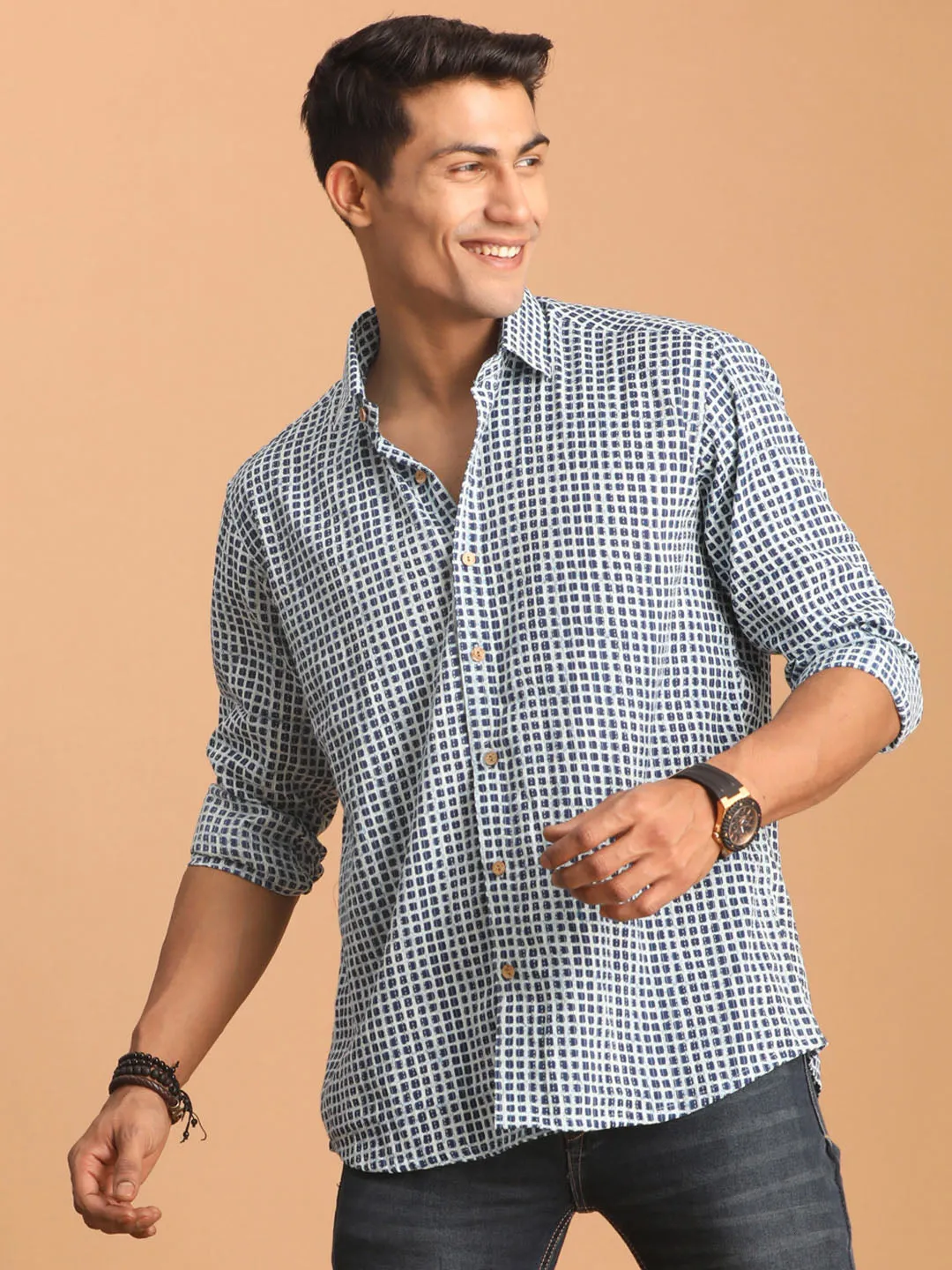 Vastramay Blue Check Box Printed Shirt