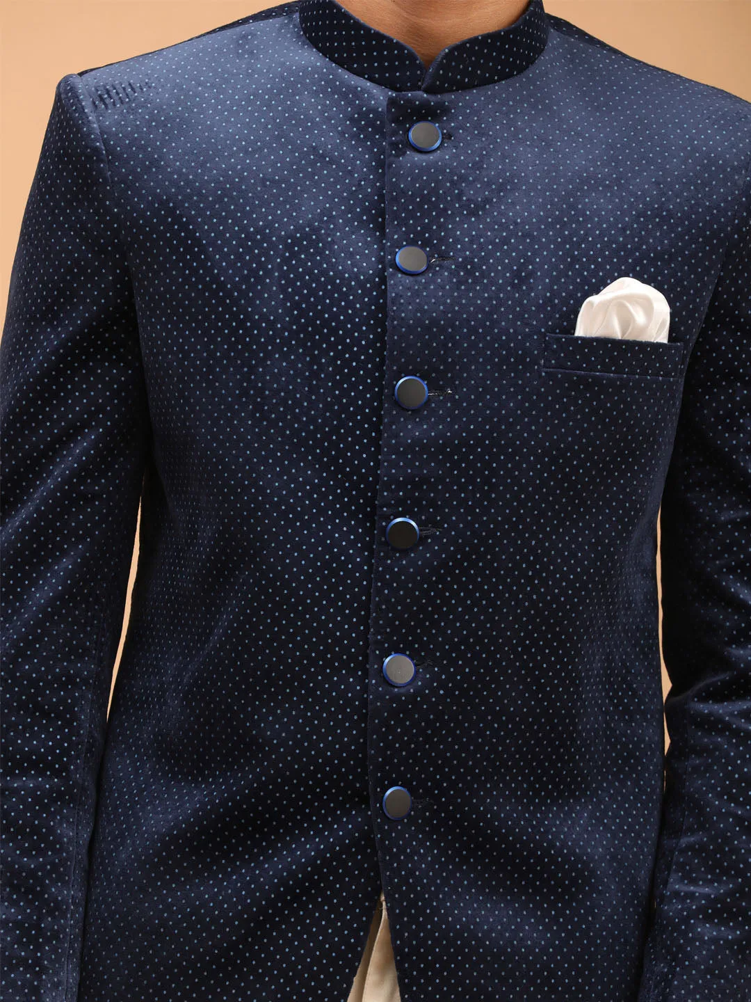 Vastramay Blue Polka Dot Velvet Jodhpuri