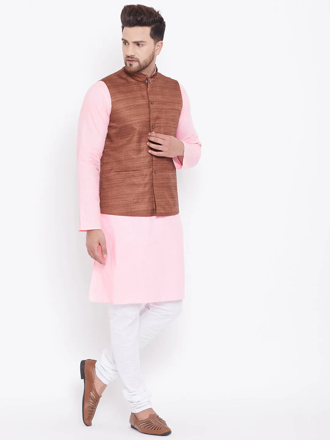 VASTRAMAY Brown, Pink And White Baap Beta Nehru Jacket Kurta Pyjama set