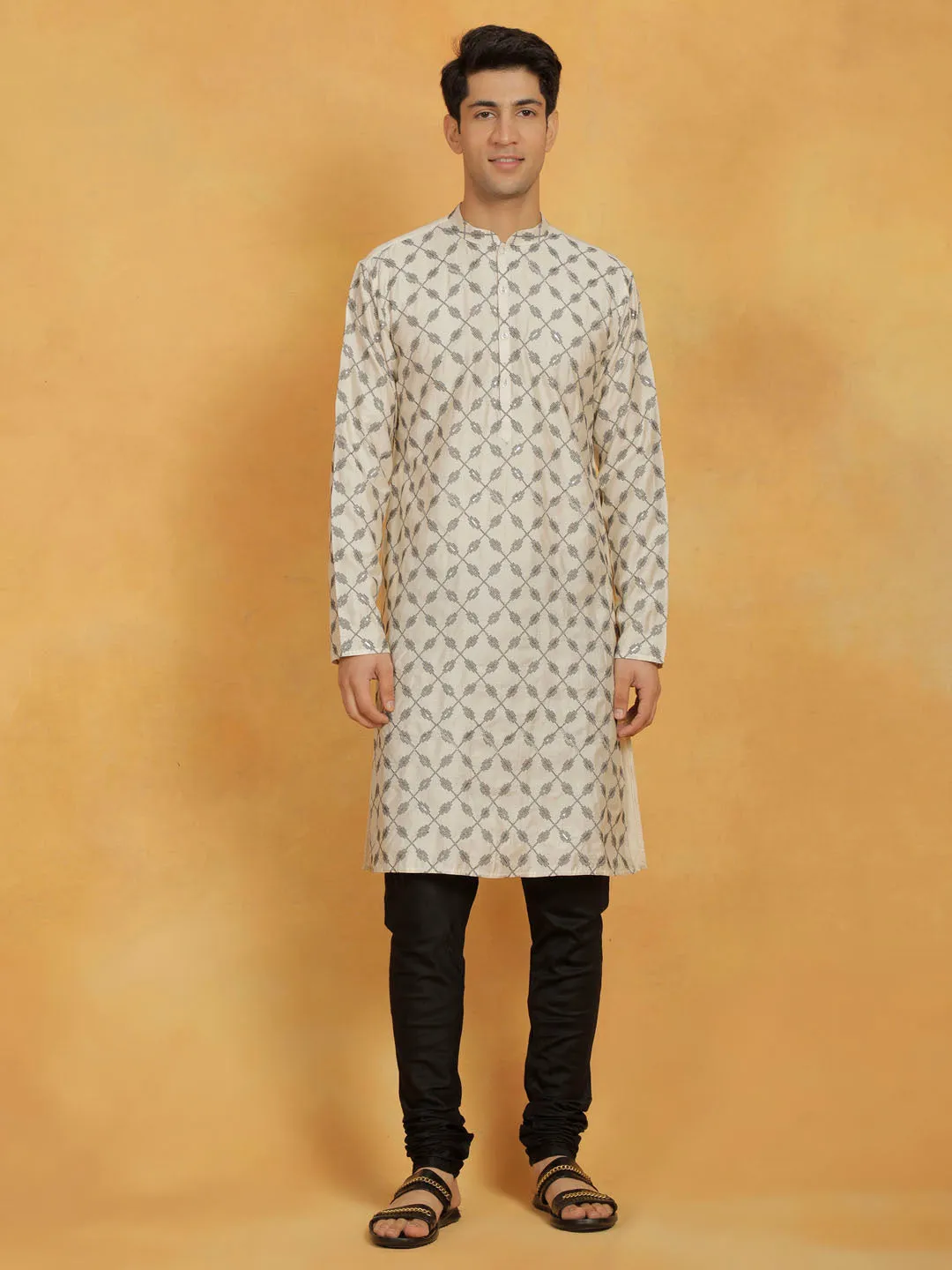 VASTRAMAY Cream & Black Cotton Kurta Set