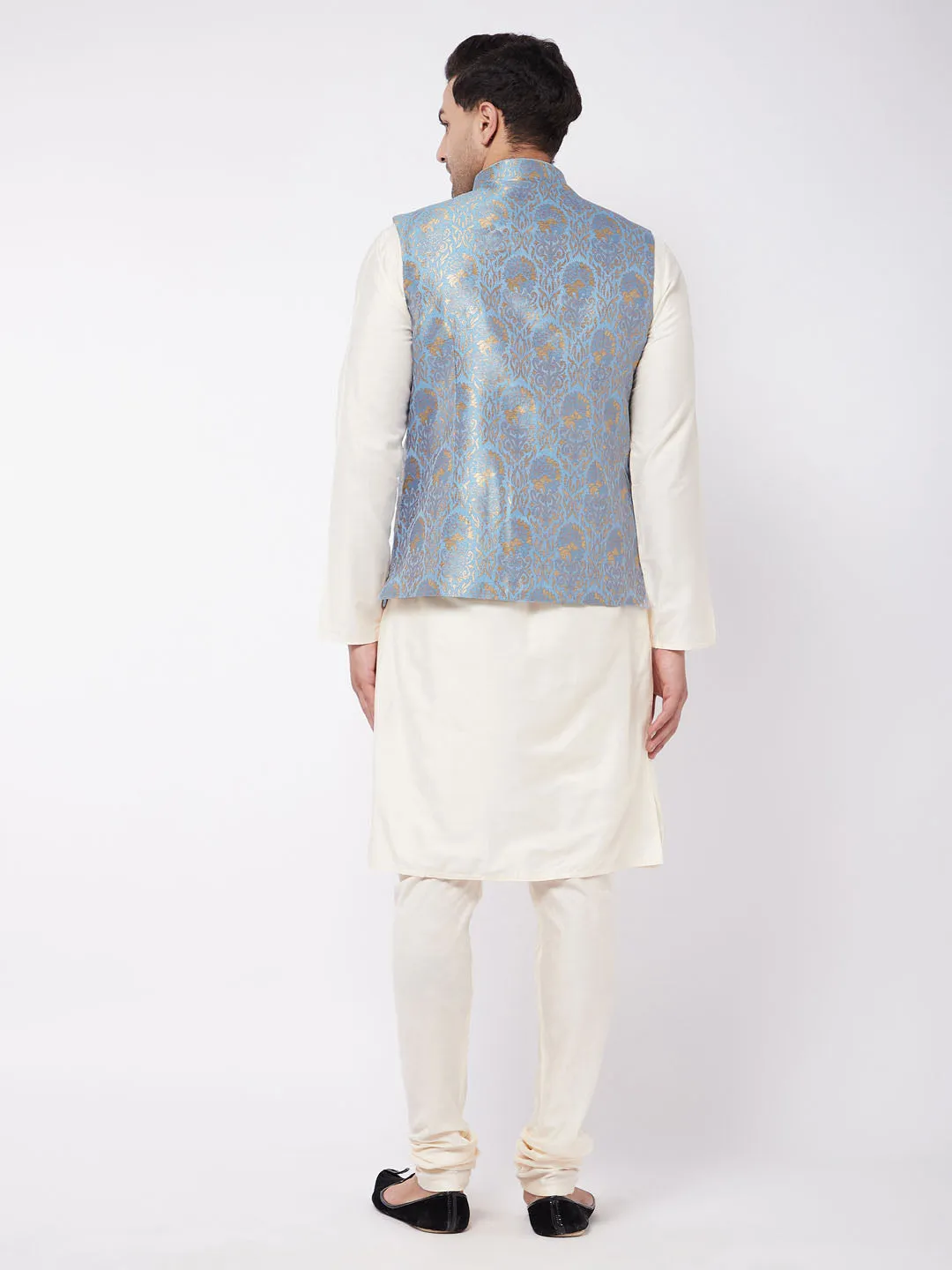 VASTRAMAY Cream Kurta Set With Grey Nehru Jacket