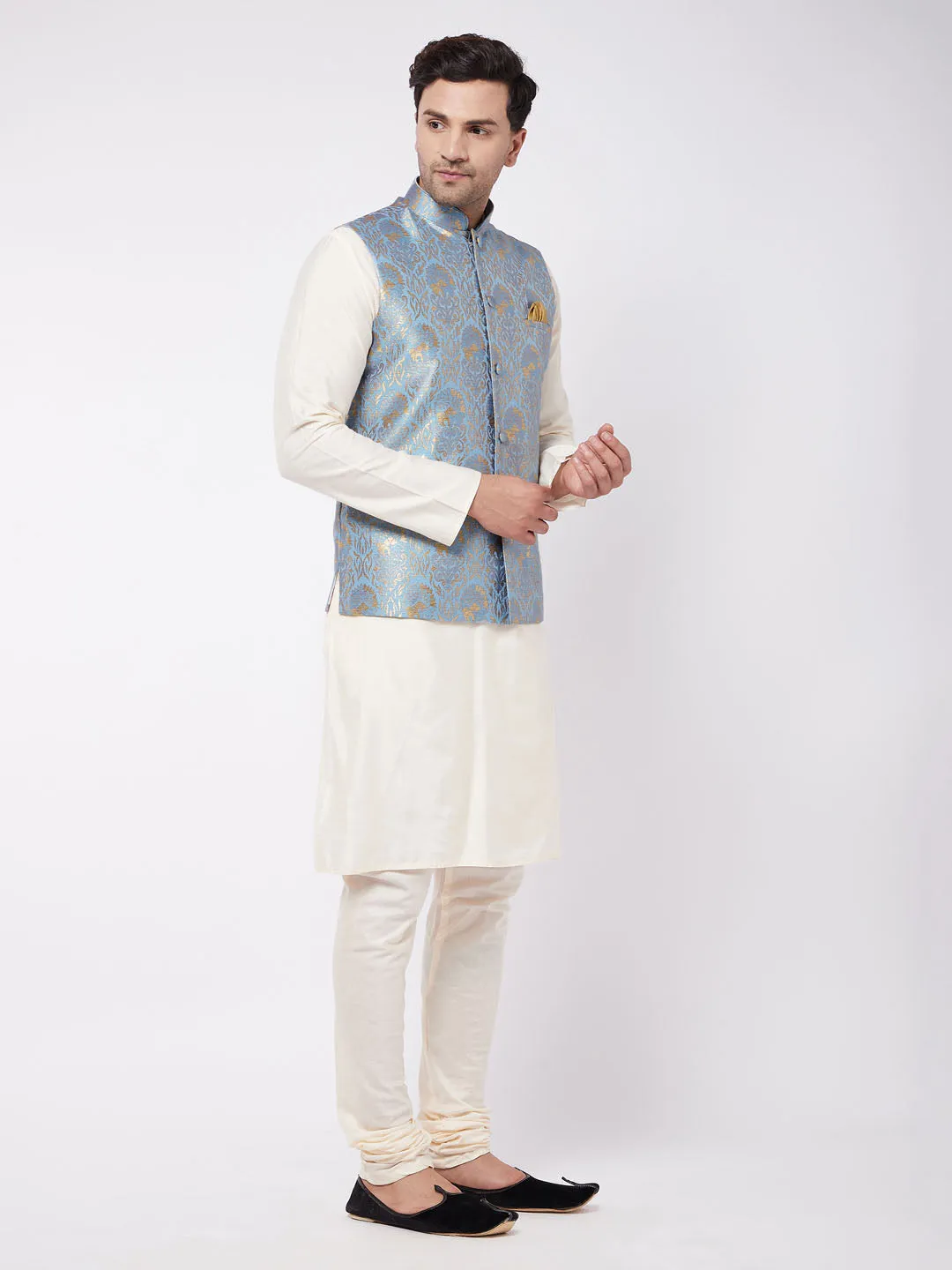 VASTRAMAY Cream Kurta Set With Grey Nehru Jacket