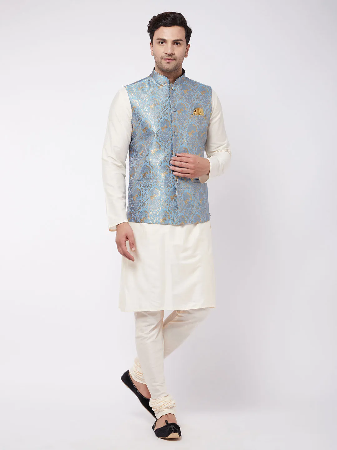 VASTRAMAY Cream Kurta Set With Grey Nehru Jacket