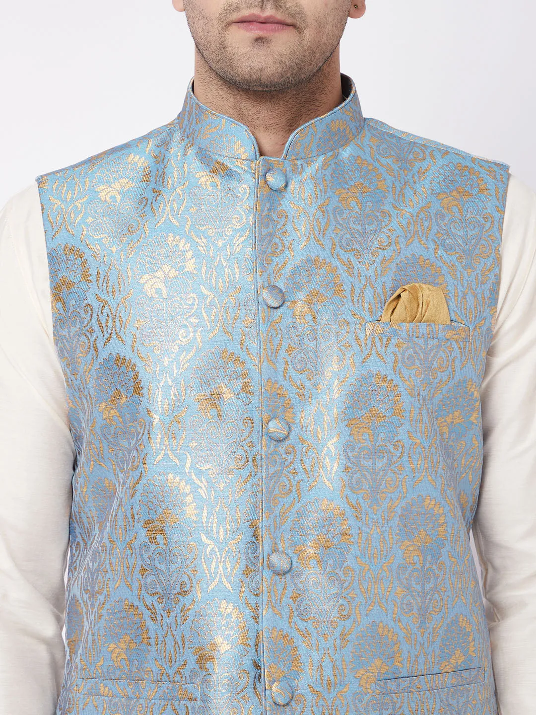 VASTRAMAY Cream Kurta Set With Grey Nehru Jacket