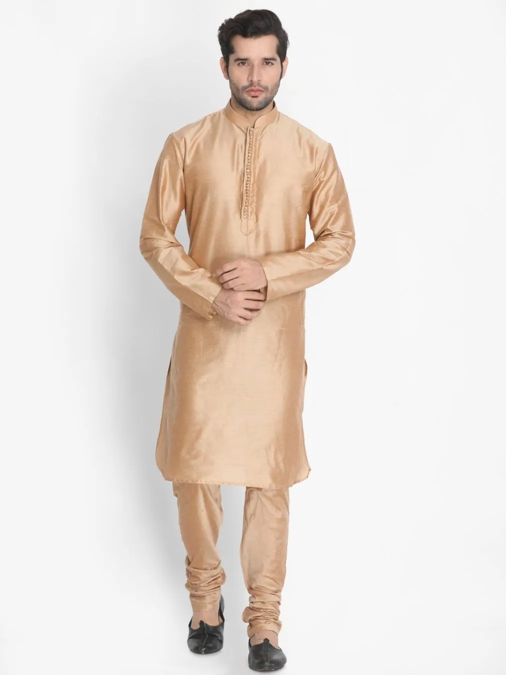 VASTRAMAY Gold Cotton Silk Kurta Churidar Set