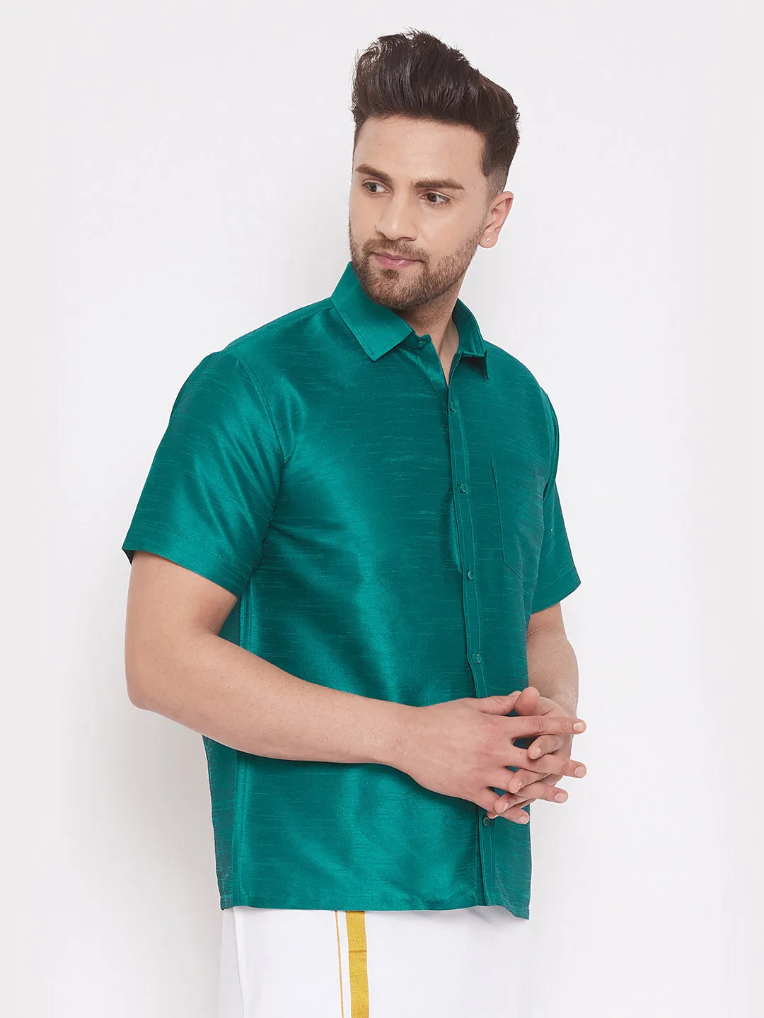 VASTRAMAY Green Silk Blend Ethnic Shirt