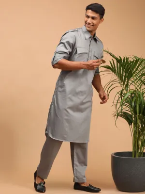 Vastramay Grey Cotton Blend Pathani Suit