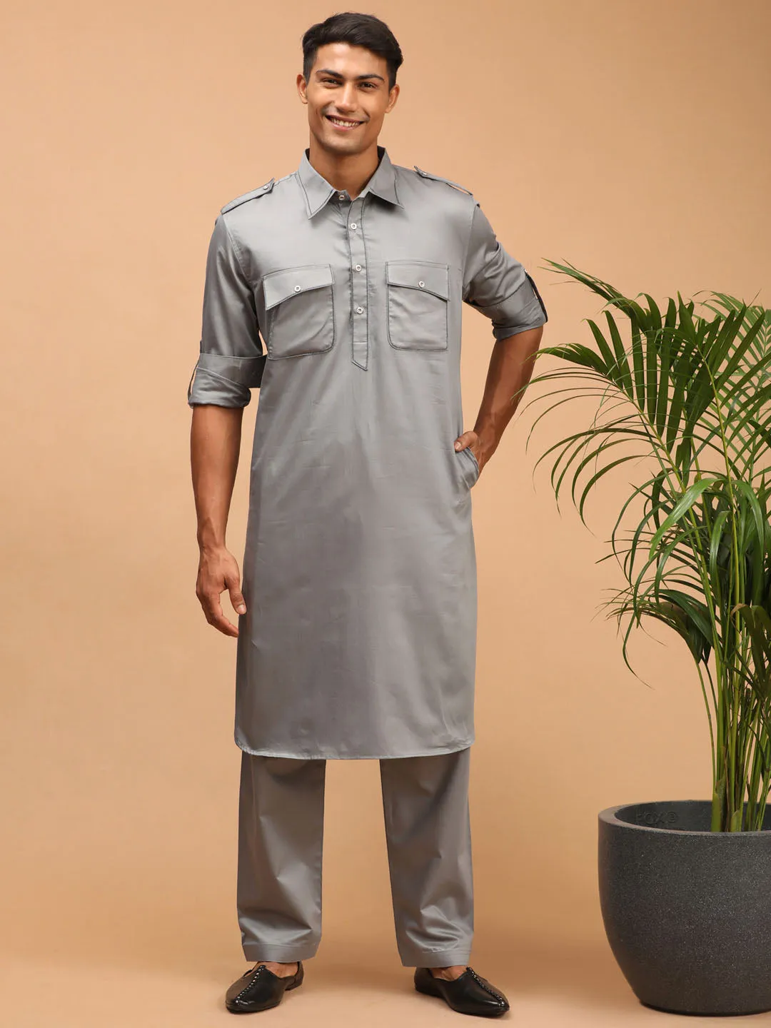 Vastramay Grey Cotton Blend Pathani Suit