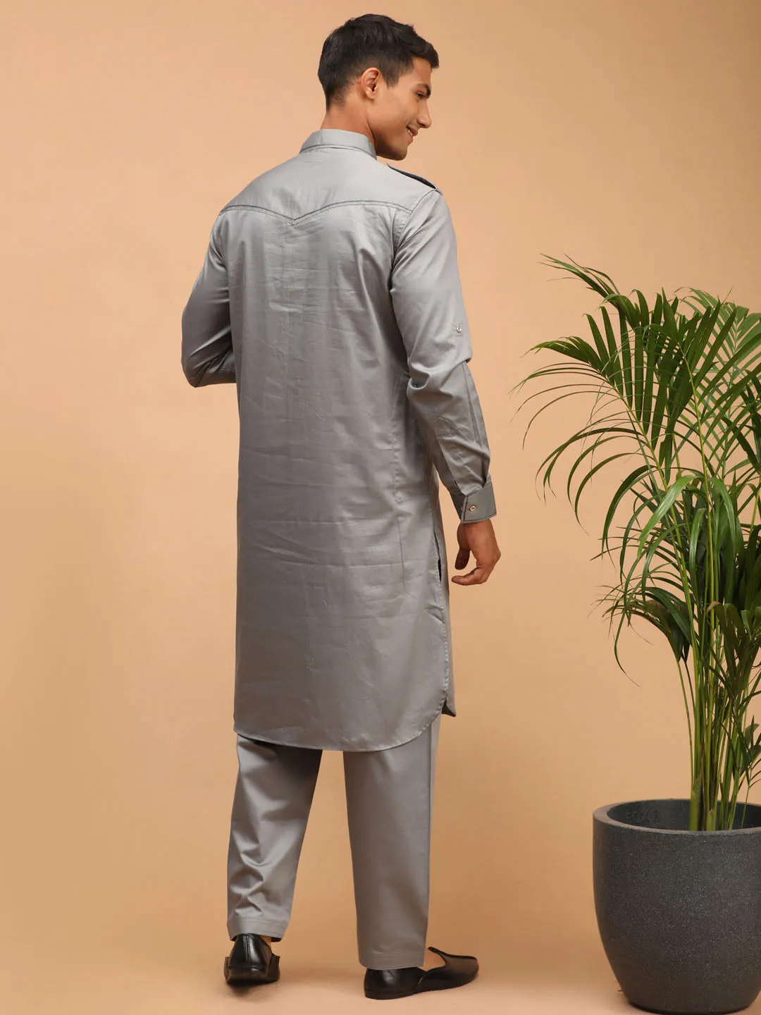 Vastramay Grey Cotton Blend Pathani Suit