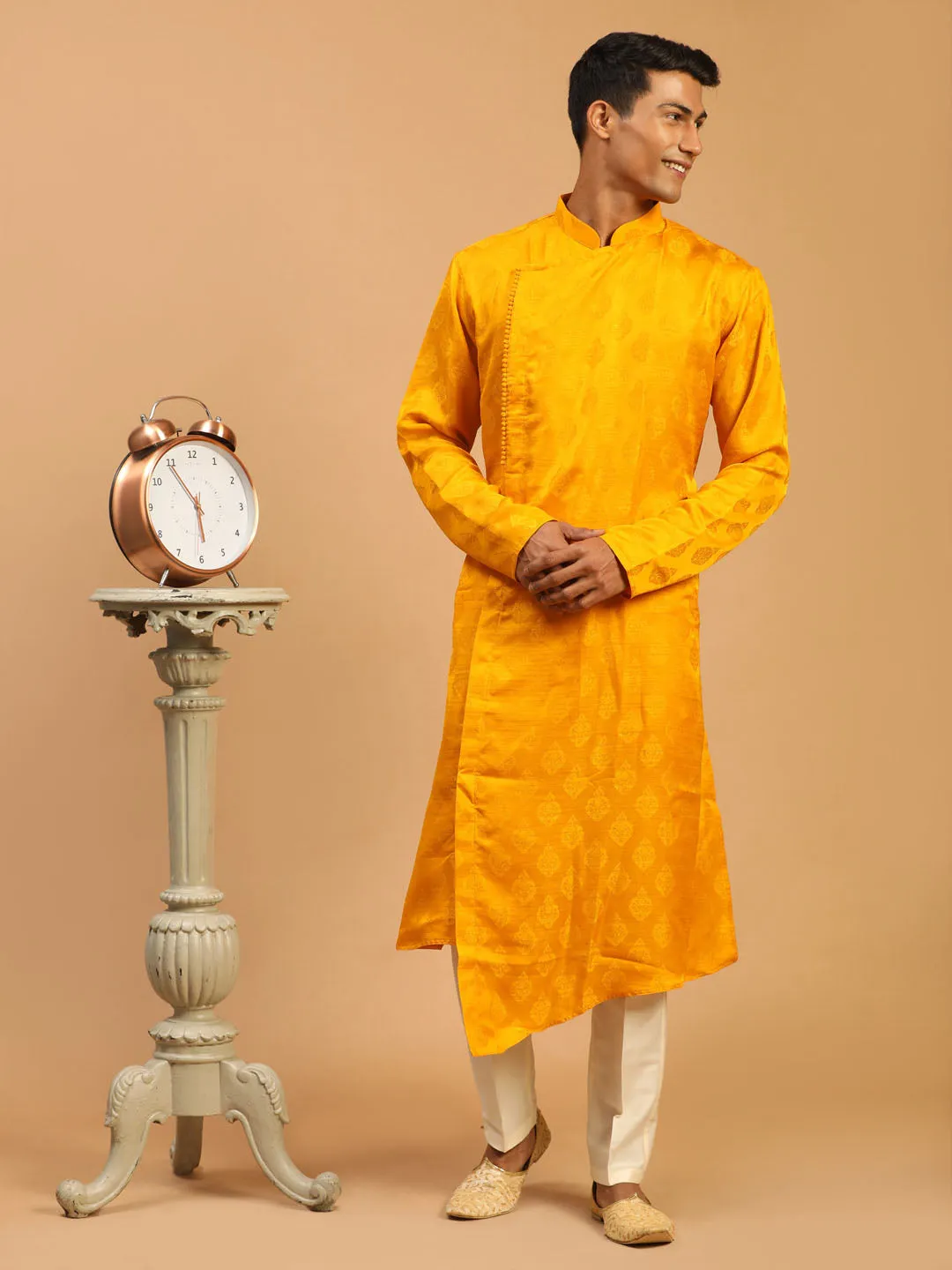 Vastramay Men Yellow Angrakha Kurta With Set