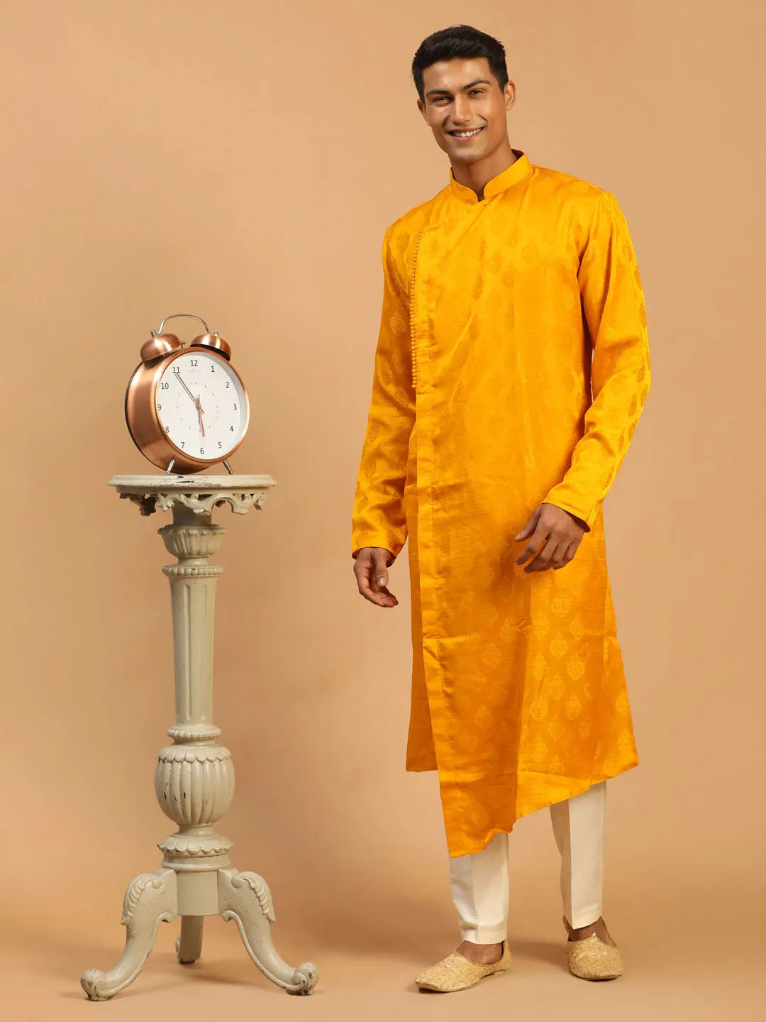 Vastramay Men Yellow Angrakha Kurta With Set