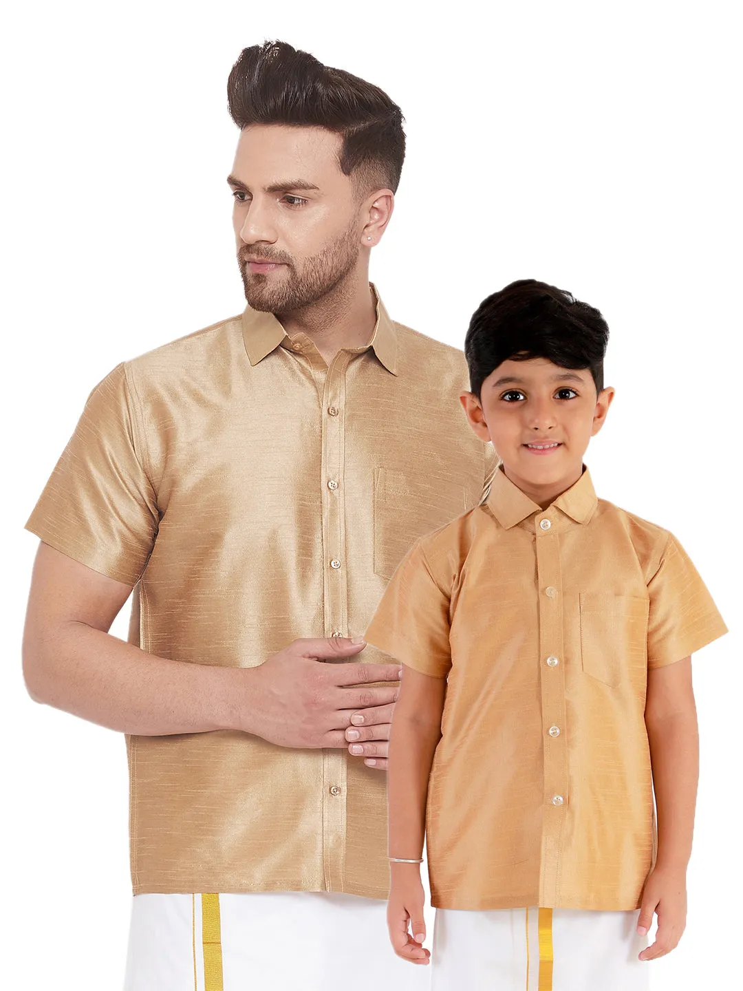 VASTRAMAY Men's & Boys Rose Gold Solid Silk Blend Half Sleeve Ethnic Shirt