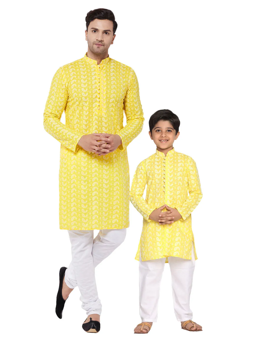 VASTRAMAY Mustard Pure Cotton Chikankari Kurta Pyjama Baap Beta