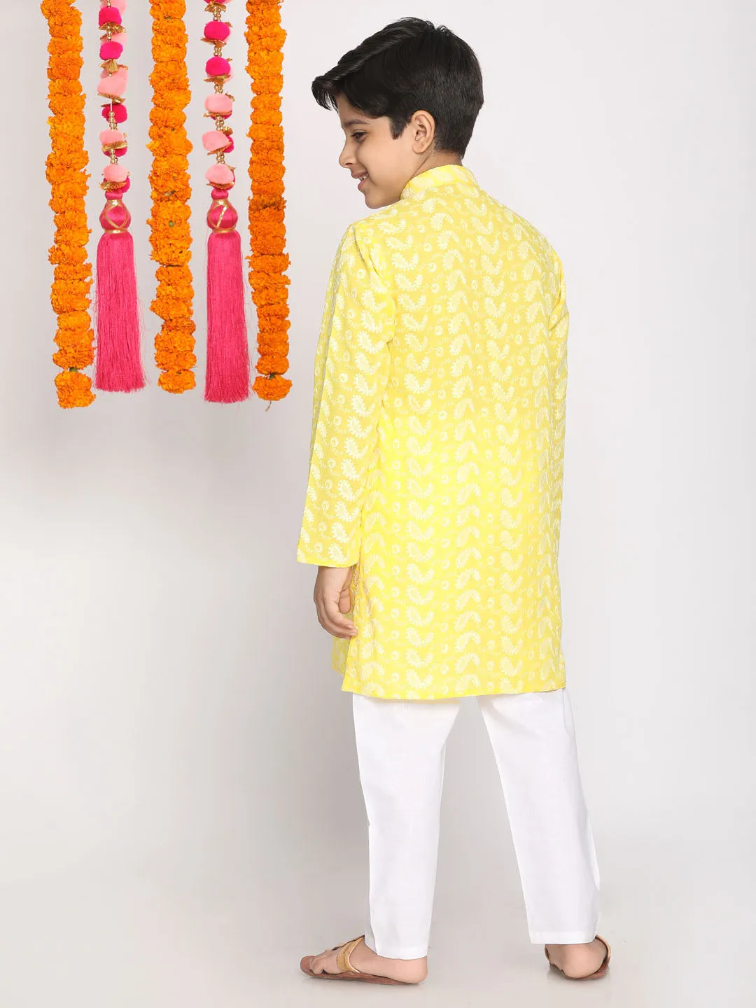 VASTRAMAY Mustard Pure Cotton Chikankari Kurta Pyjama Baap Beta