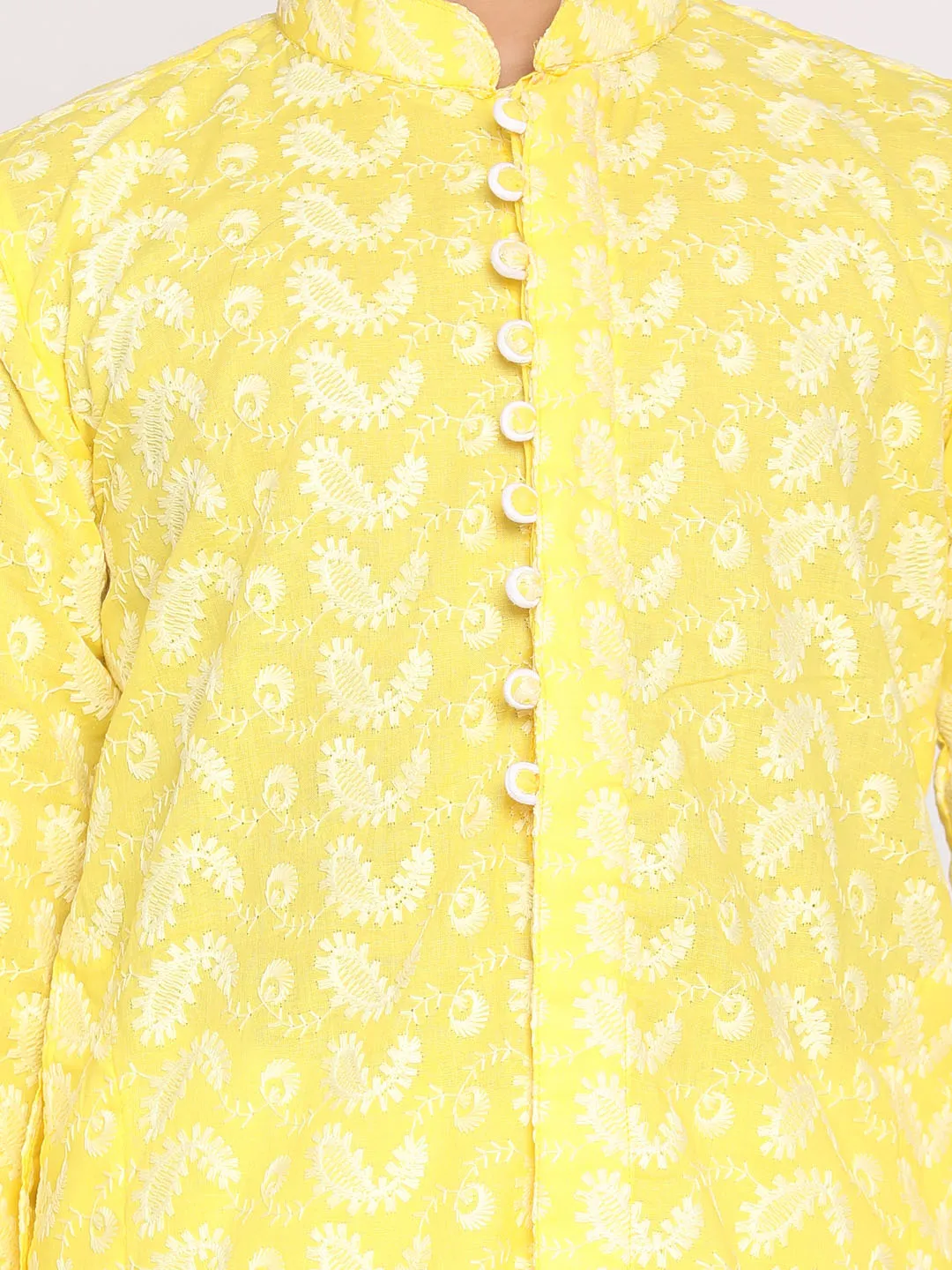 VASTRAMAY Mustard Pure Cotton Chikankari Kurta Pyjama Baap Beta