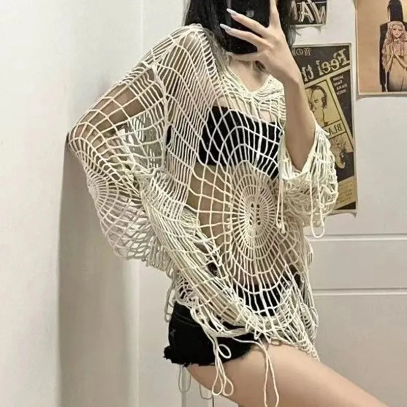 Webbed Whispers Tunic - Y2K Hollow Knit Hooded Tops Women Goth Spider Web Spice Girl Mesh Pullovers Female Korean Fashion Fishing Net Sweaters