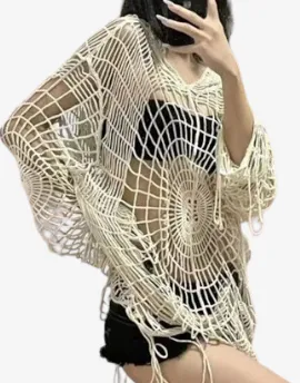 Webbed Whispers Tunic - Y2K Hollow Knit Hooded Tops Women Goth Spider Web Spice Girl Mesh Pullovers Female Korean Fashion Fishing Net Sweaters