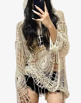 Webbed Whispers Tunic - Y2K Hollow Knit Hooded Tops Women Goth Spider Web Spice Girl Mesh Pullovers Female Korean Fashion Fishing Net Sweaters