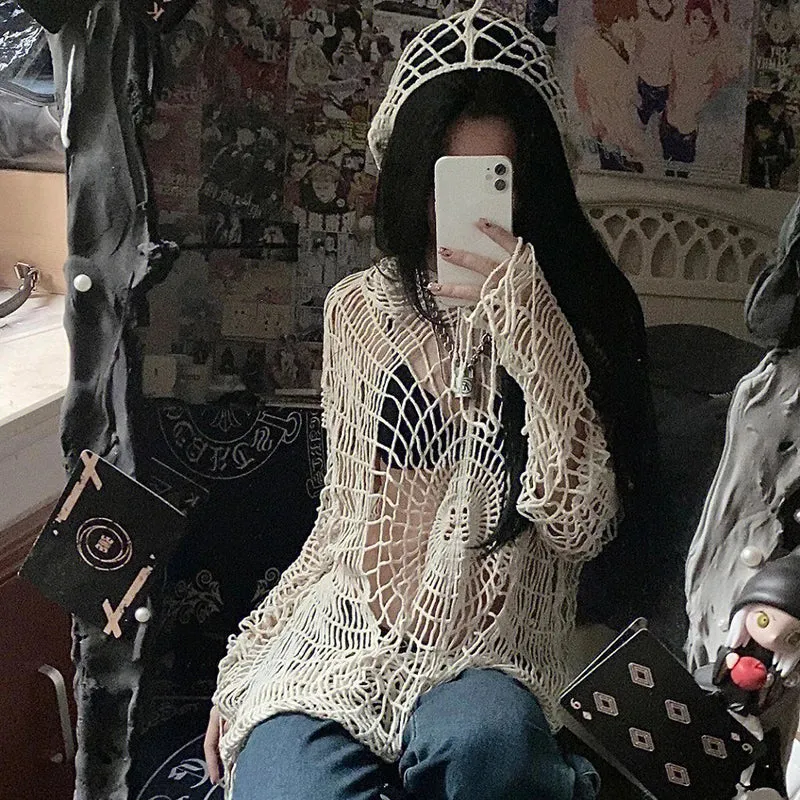 Webbed Whispers Tunic - Y2K Hollow Knit Hooded Tops Women Goth Spider Web Spice Girl Mesh Pullovers Female Korean Fashion Fishing Net Sweaters