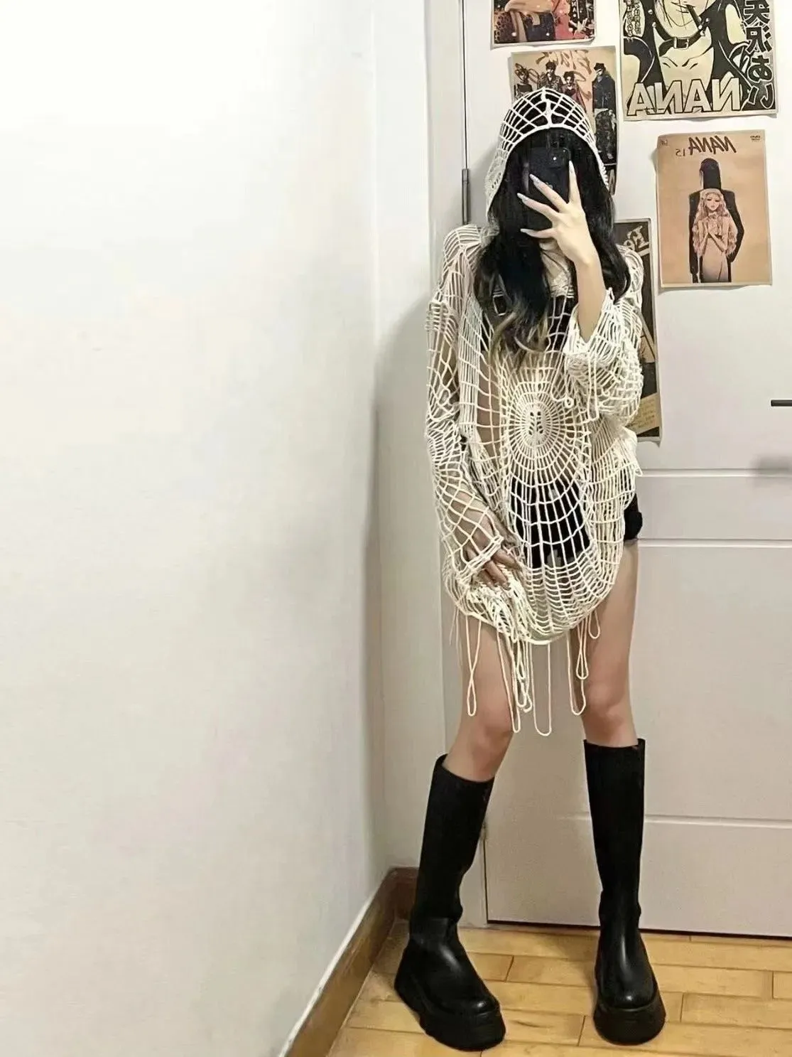 Webbed Whispers Tunic - Y2K Hollow Knit Hooded Tops Women Goth Spider Web Spice Girl Mesh Pullovers Female Korean Fashion Fishing Net Sweaters