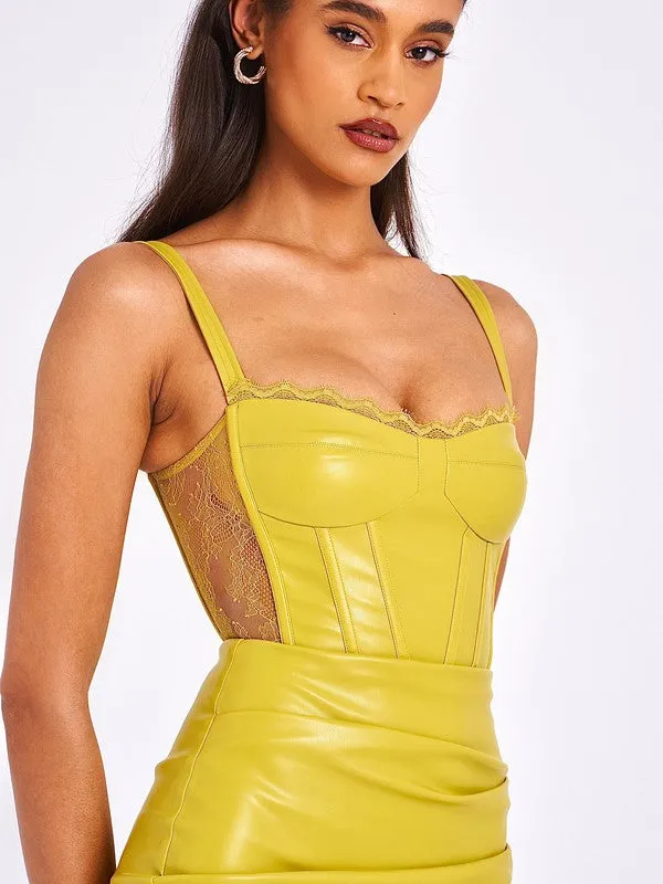 Yellow Betsy Corset Leather Dress With Lace Detailed