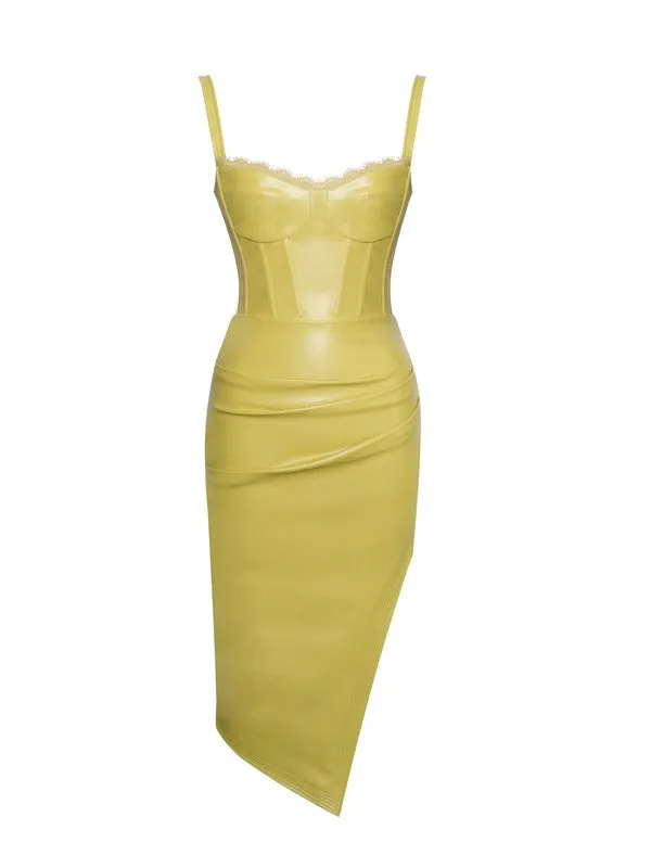 Yellow Betsy Corset Leather Dress With Lace Detailed