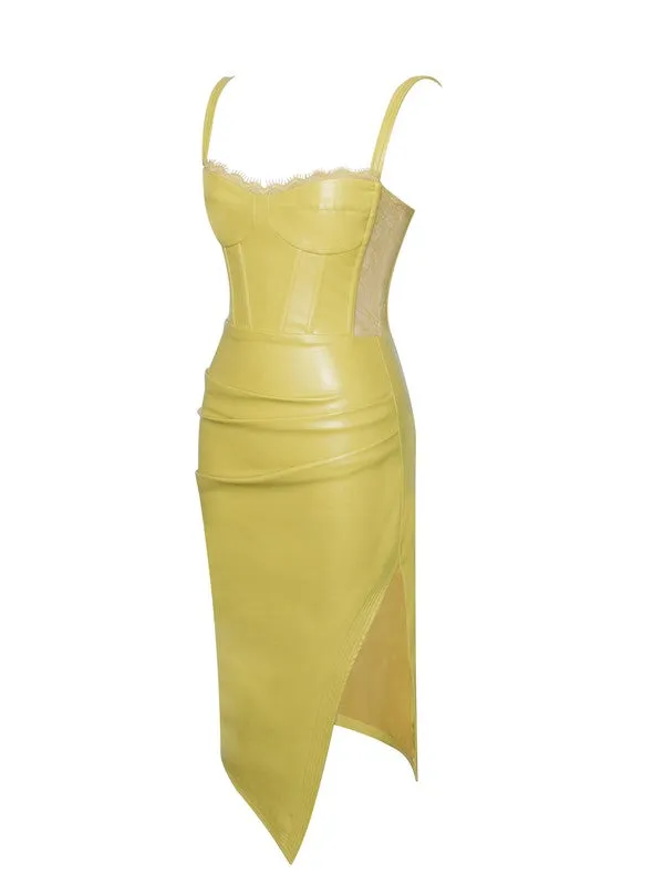 Yellow Betsy Corset Leather Dress With Lace Detailed