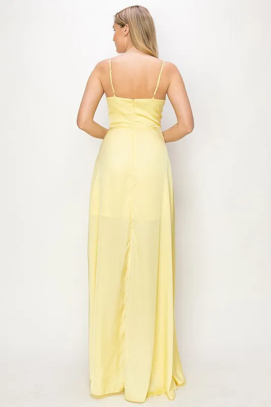 Yellow Satin V Neck Cascading Ruffle Maxi Dress