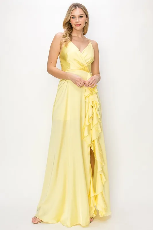 Yellow Satin V Neck Cascading Ruffle Maxi Dress