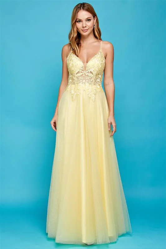 Yellow Sling Tulle And Lace Evening Dress