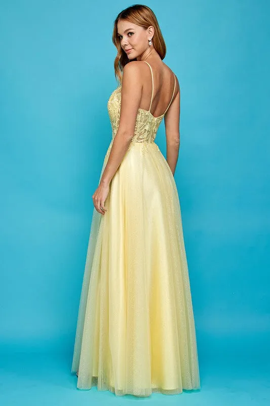 Yellow Sling Tulle And Lace Evening Dress