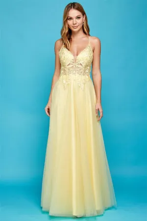 Yellow Sling Tulle And Lace Evening Dress