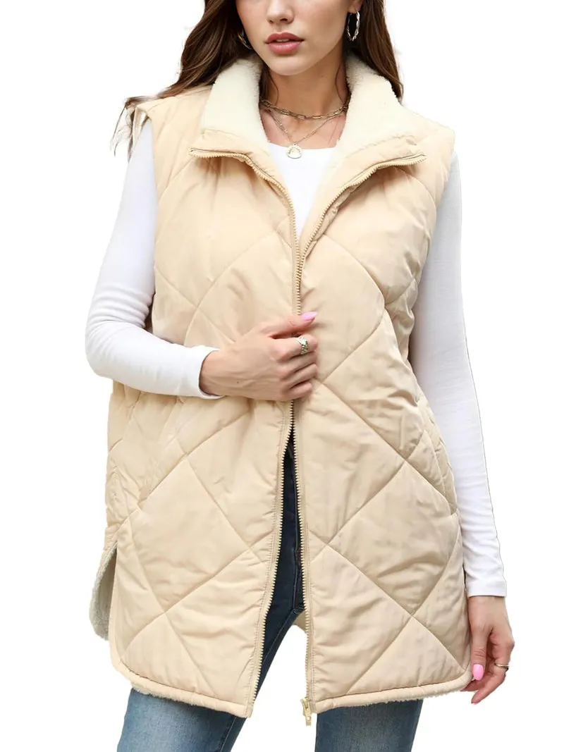 Zeagoo Women Fall Reversible Vests Coat Sleeveless Sherpa Fleece Jacket