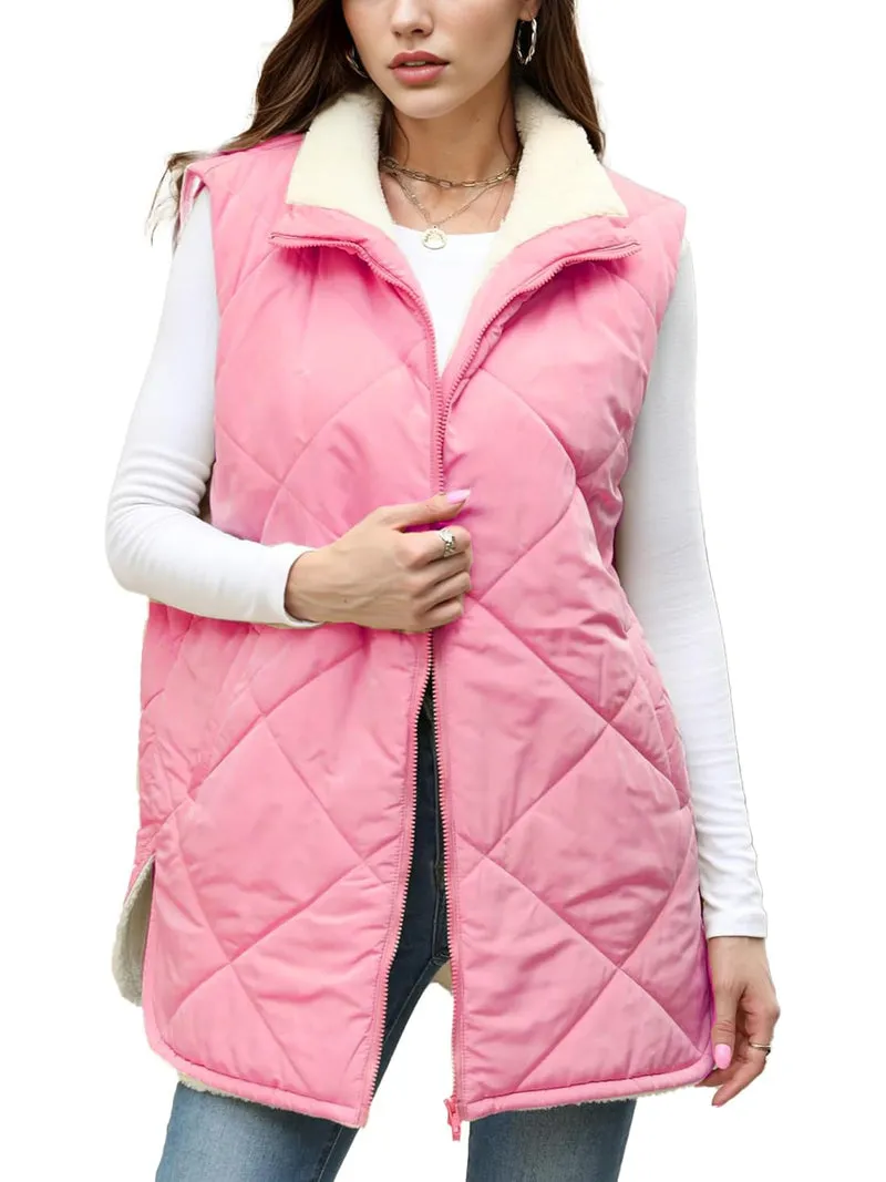 Zeagoo Women Fall Reversible Vests Coat Sleeveless Sherpa Fleece Jacket