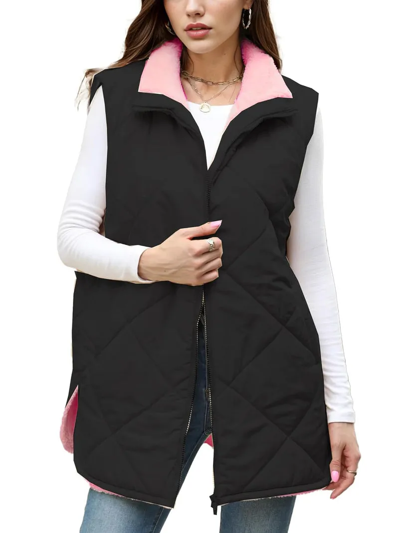 Zeagoo Women Fall Reversible Vests Coat Sleeveless Sherpa Fleece Jacket